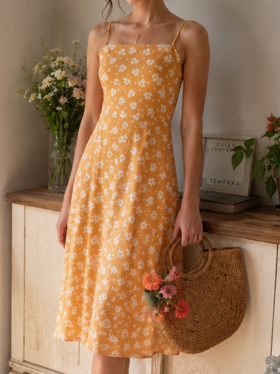 Helen Wang New York Dresses & Skirts - 90s y2k Helen Wang Yellow Floral Cotton Spaghetti Strap Midi Dress Vintage Sz 8